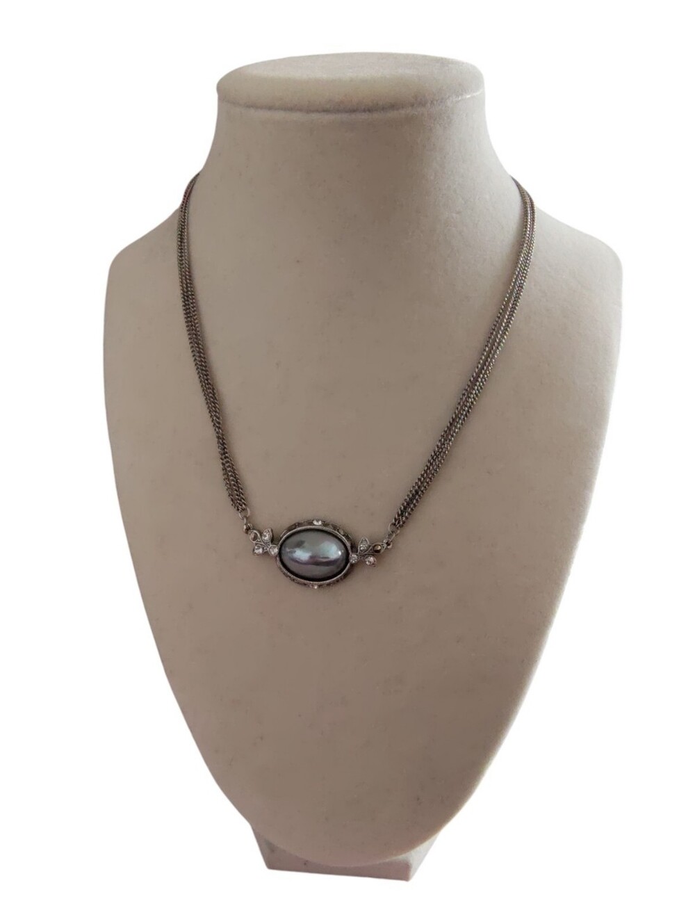 1928 Faux Pearl Rhinestone Necklace Silver Tone Vintage Inspired